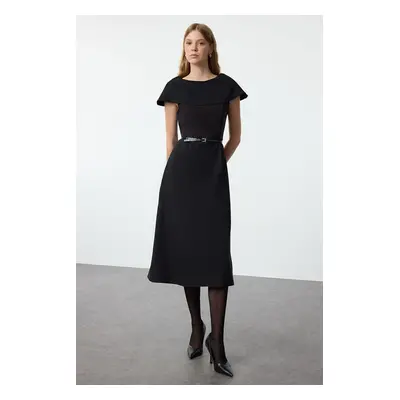 Trendyol Black Cape Look Skater/Waist Open Midi Woven Dress