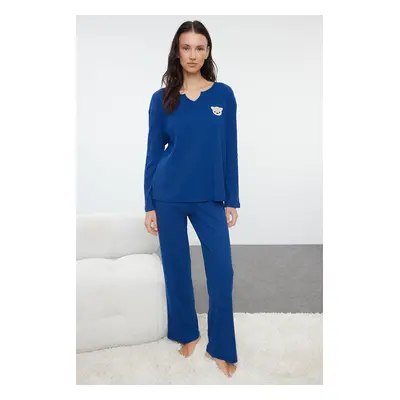 Trendyol Navy Blue Cotton Teddy Bear Ribbed Knitted Pajamas Set