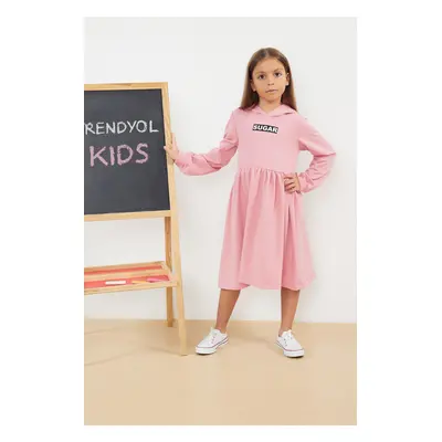 Trendyol Pink Girl Seasonal-Thin Slogan Patterned Hooded Cotton Knitted Dress