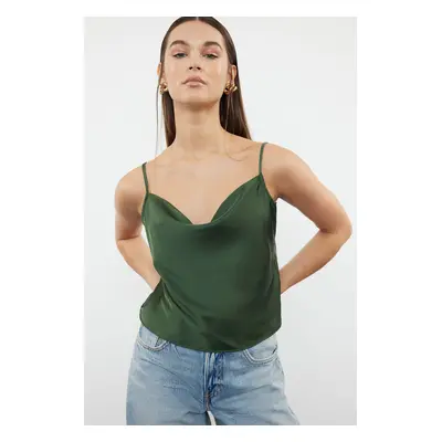 Trendyol Khaki Woven Strap Neck Collar Satin Blouse