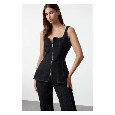 Trendyol Black Stitch Detail Zippered Square Neck Denim Blouse