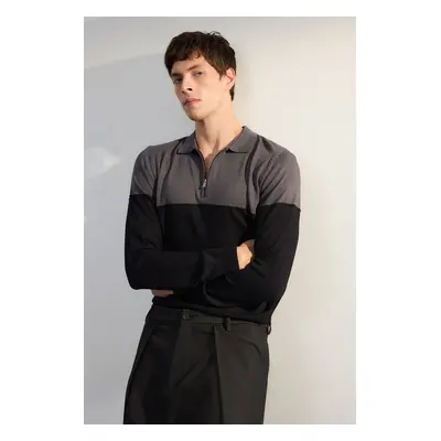 Trendyol Anthracite Slim Slim Fit Polo Neck Color Block Knitwear Sweater