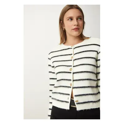 Happiness İstanbul Women's Bone Black Stylish Buttoned Striped Knitwear Cardigan