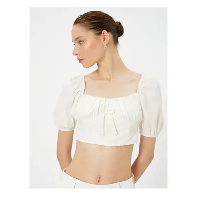 Koton Balloon Sleeve Crop Blouse Drawstring Front Tie Square Neck Cotton