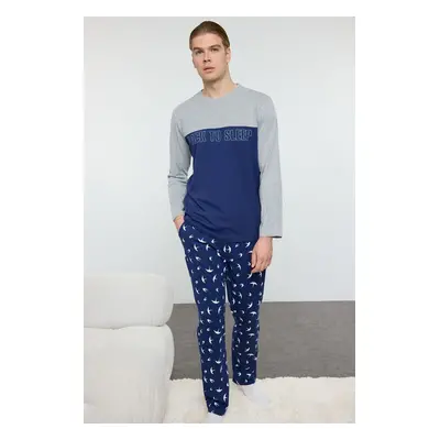 Trendyol Men's Navy Blue Regular Fit Color Paneled Knitted Pajama Set