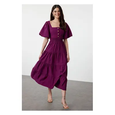 Trendyol Plum Waist Waist and Back Detailed Square Neck Maxi Woven Dress