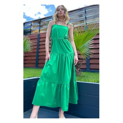 Trend Alaçatı Stili Women's Green Layered Flounce Strap Midilength Dress with Bead Accessories