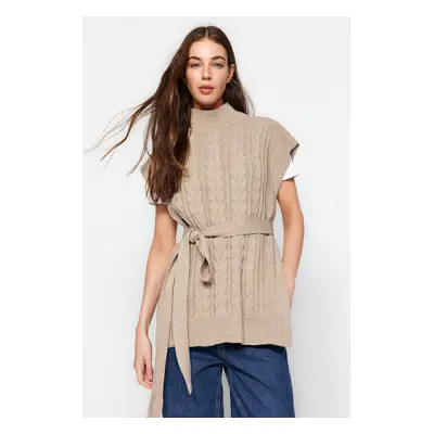 Trendyol Mink Wide Fit Wool Belted Knitwear Sweater