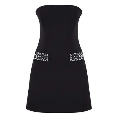 Trendyol Black Shiny Stone Strapless Woven Short Dress