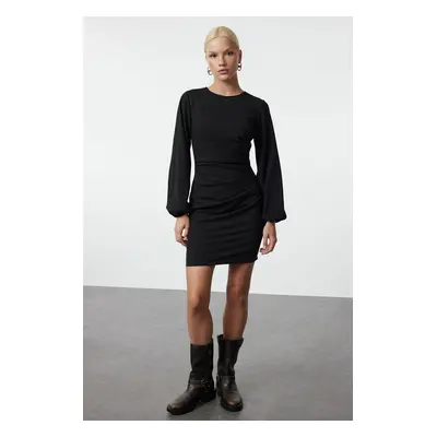 Trendyol Black Fitted/Body-Smoothing Drape Detailed Balloon Sleeve Mini Woven Dress