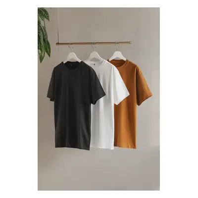 Trendyol Dark Brown-Orange-Ecru Slim/Slim Cut Crew Neck 100% Cotton 3-Pack T-Shirt