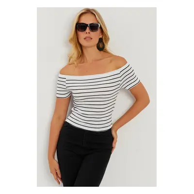 Cool & Sexy Women's White Madonna Collar Striped Camisole Blouse