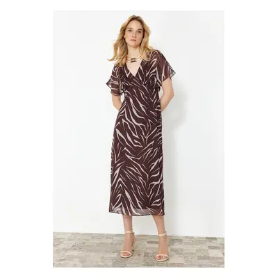 Trendyol Dark Brown Animal Patterned A-line Chiffon Maxi Woven Dress