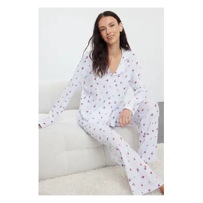 Trendyol White 100% Cotton Floral Openwork/Hole Ribbed Knitted Pajama Set