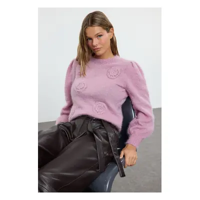 Trendyol Pink Fuzzy Flower Embroidered Knitwear Sweater