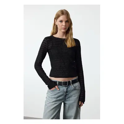 Trendyol Black Fitted Textured Tulle Stretchy Knitted Blouse