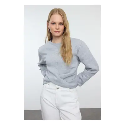 Trendyol Gray Melange Twirl Detailed Crop Thick Inside Fleece Crew Neck Knitted Sweatshirt