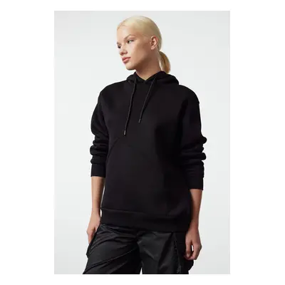 Trendyol Black Thick Polar Fleece Oversize/Wide Pattern Hooded Knitted Sweatshirt