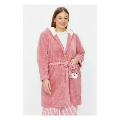 Trendyol Curve Powder Wellsoft/Plush Animal Figured Pocket Hooded Knitted Dressing Gown