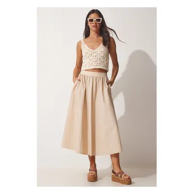 Happiness İstanbul Women's Cream Balloon Parachute Midi Skirt