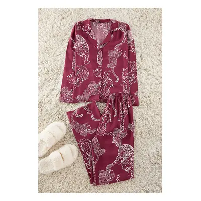 Trendyol Claret Red Tiger Patterned Viscose Woven Pajamas Set