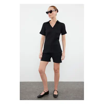 Trendyol Black Polo Neck Short Sleeve Ribbed Flexible Knitted Blouse Shorts Bottom-Top Set