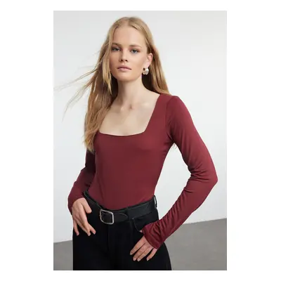 Trendyol Claret Red Fitted/Fits the Body Square Neck Long Sleeve Snap-Front Flexible Knitted Bod