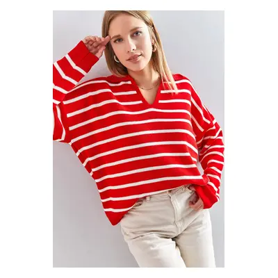 Bianco Lucci Women's Polo Neck Striped Oversize Knitwear Sweater