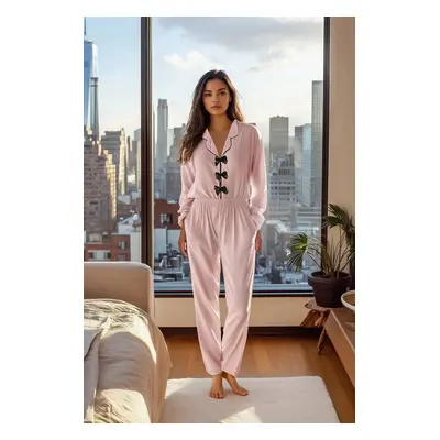 Trendyol Powder Ribbon/Bow and Piping Detailed Viscose Woven Pajama Set