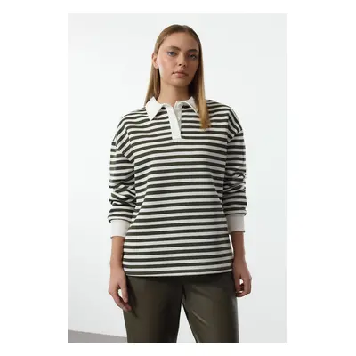 Trendyol Khaki Striped Polo Collar Thick Polar Fleece Oversize Knitted Sweatshirt