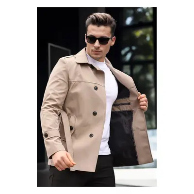 23058 Dewberry Lined Belted Double Breasted Mens Trenchcoat-DARK BEIGE