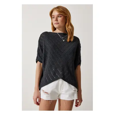 Happiness İstanbul Women's Anthracite Openwork Bat Knitwear Blouse