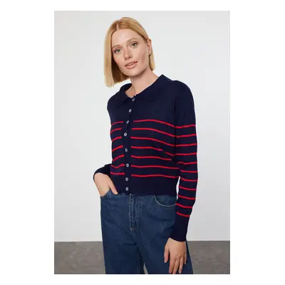 Trendyol Navy Blue Polo Neck Striped Knitwear Cardigan