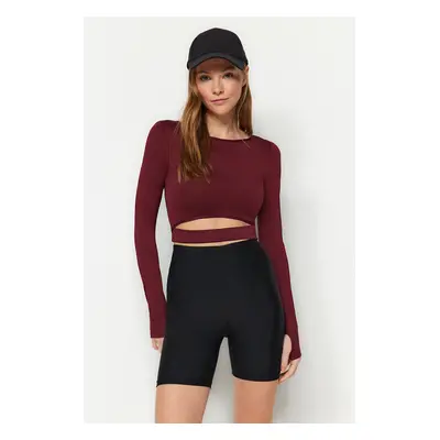 Trendyol Burgundy Crop Window/Cut Out and Thumb Hole Detail Knitted Sports Top/Blouse