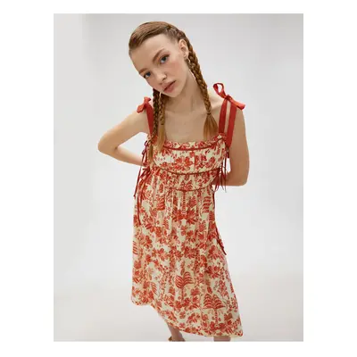 Koton Midi Floral Dress Strap Bow Detailed Gathered Tie Viscose