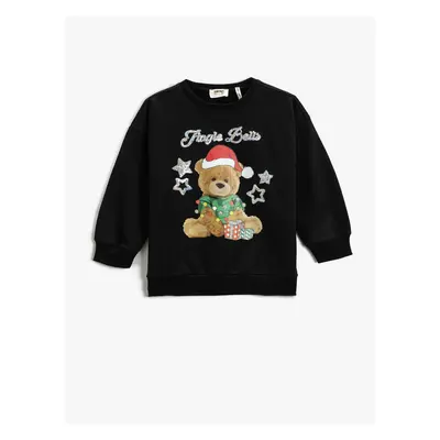 Koton Christmas Theme Teddy Bear Printed Sweatshirt Long Sleeve Raised