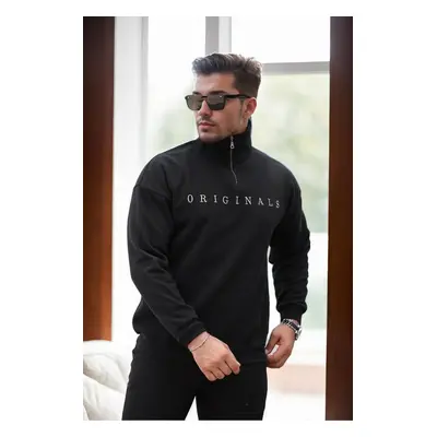 93671 Dewberry Embroidered Zippered Oversize Mens Sweatshirt-BLACK