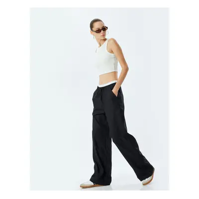 Koton Wide Leg Linen Blend Double Waist Detailed Lace-Up Pocket Trousers