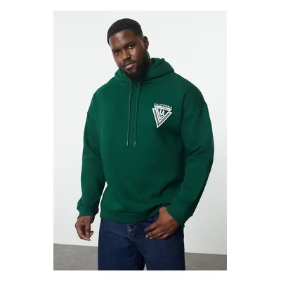 Trendyol Emerald Green Plus Size Hooded Oversize/Wide Cut Fleece Printed Sweatshirt