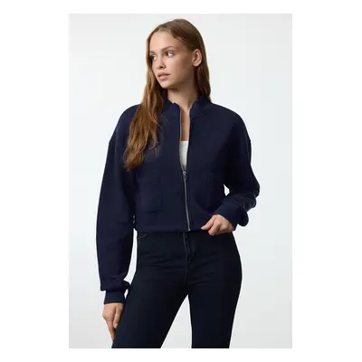 Trendyol Navy Blue Zipper Collar Pocket Detailed Regular/Normal Fit Crop/Short Jacket