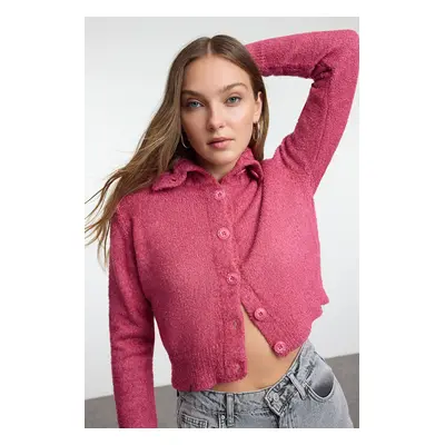 Trendyol Pink Crop Boucle Knit Cardigan