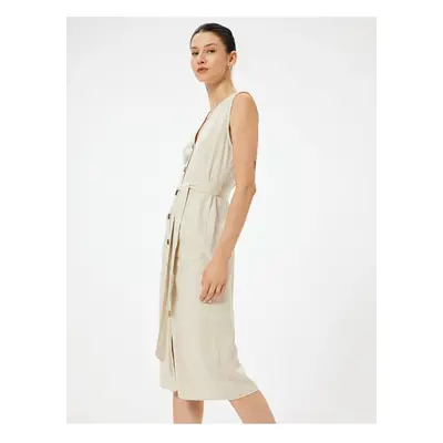 Koton Linen Blend Shirt Dress Midi Length Sleeveless with Belt Detail and Pockets