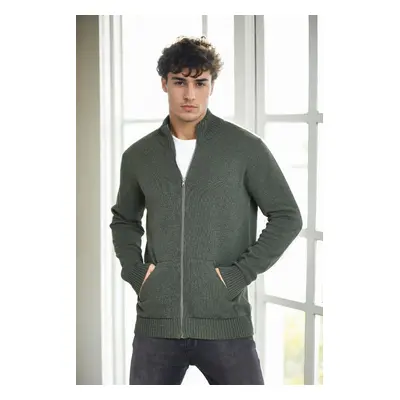 83582 Dewberry Zippered Knitwear Mens Cardigan with Pocket-Khaki