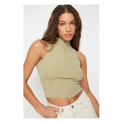 Trendyol Khaki Vintage/Faded Effect Fitted Zippered Corded Cotton Stretchy Knitted Blouse