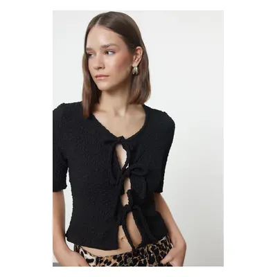 Trendyol Black Textured Fitted/Body-Sit Tie Detailed Flexible Knitted Blouse