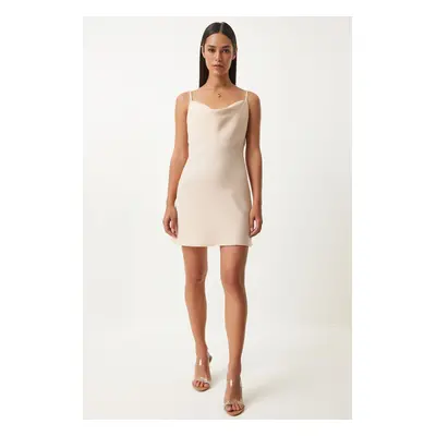 Happiness İstanbul Women's Cream Scoop Neck Strap Mini Dress