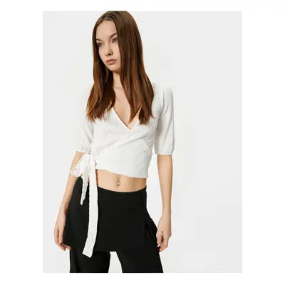 Koton Double Breasted Balloon Sleeve Crop T-Shirt Front Tied Textured