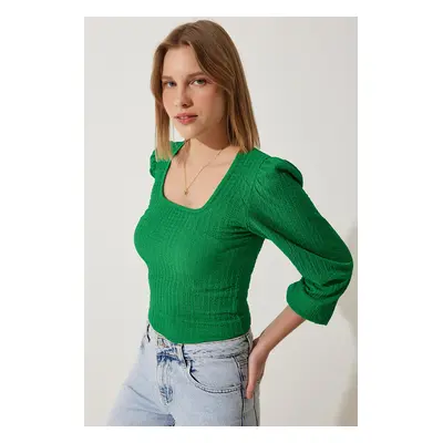 Happiness İstanbul Women's Dark Green Square Neck Textured Knitted Blouse