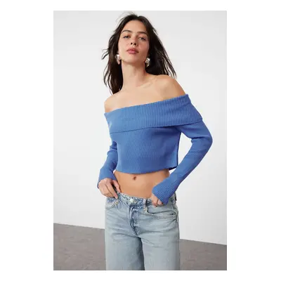 Trendyol Dark Blue Super Crop Carmen Collar Knitwear Sweater