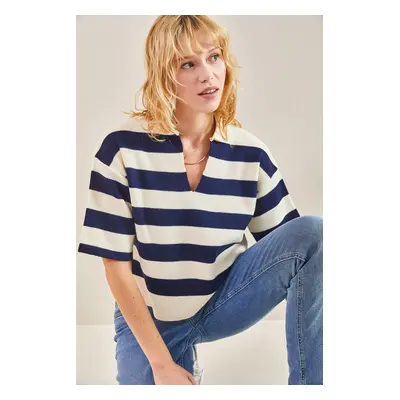 Bianco Lucci Women's Polo Neck Striped Oversize Knitwear Sweater